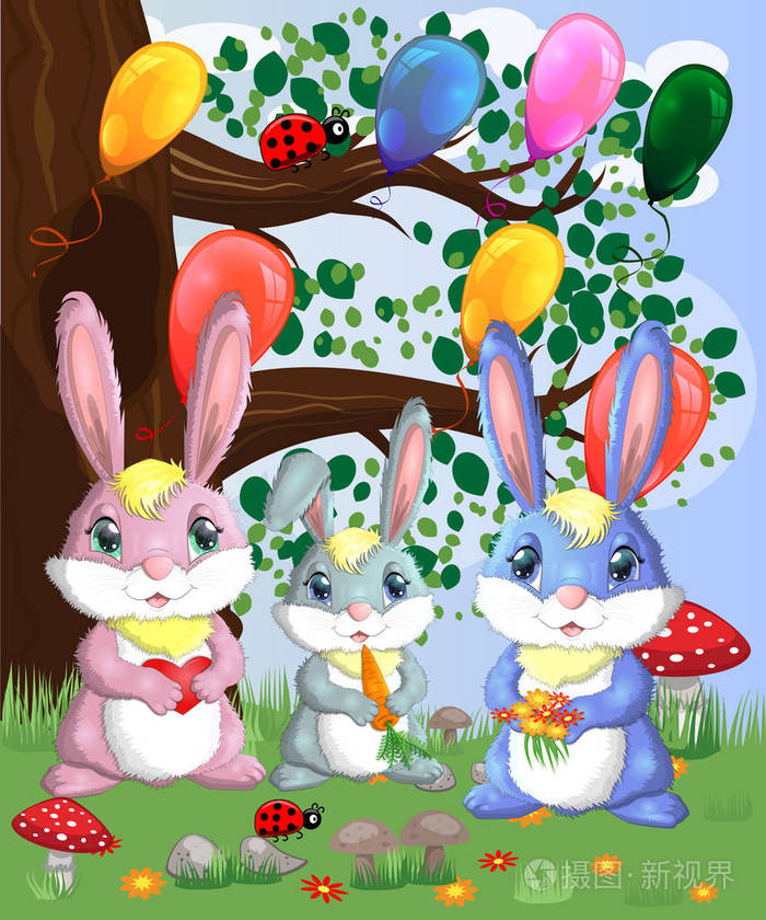 一家三只兔子在森林的空地上矢量图