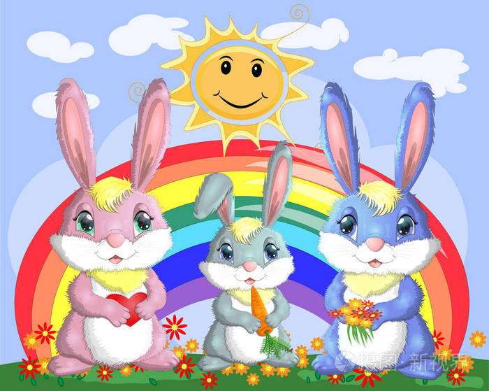 彩虹附近的草地上有一家三只兔子.