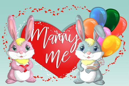 s day. Love card. A pair of cute bunnies girl and boy, pink and 