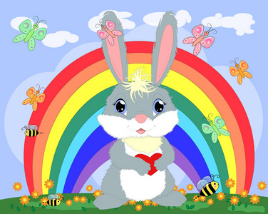 彩虹附近草地上有颗心的兔子