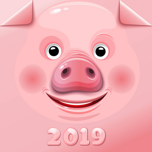 新年2019。时尚的粉红色背景与可爱有趣的猪脸2019年中国新年。 矢量插图