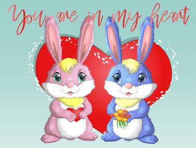 s day. Love card. A pair of cute bunnies girl and boy, pink and 