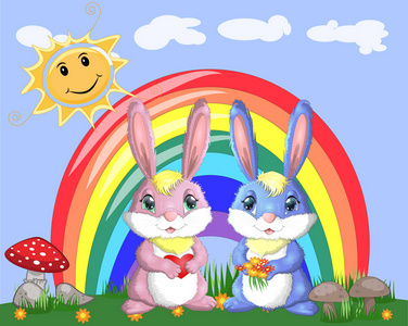 一对兔子一个男孩和一个女孩在彩虹附近的空地上