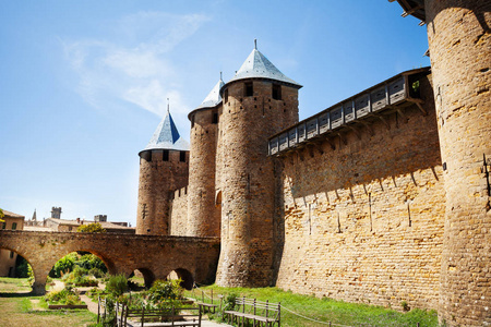 s castle with hoarding at medieval Carcassonne fortification, Fr