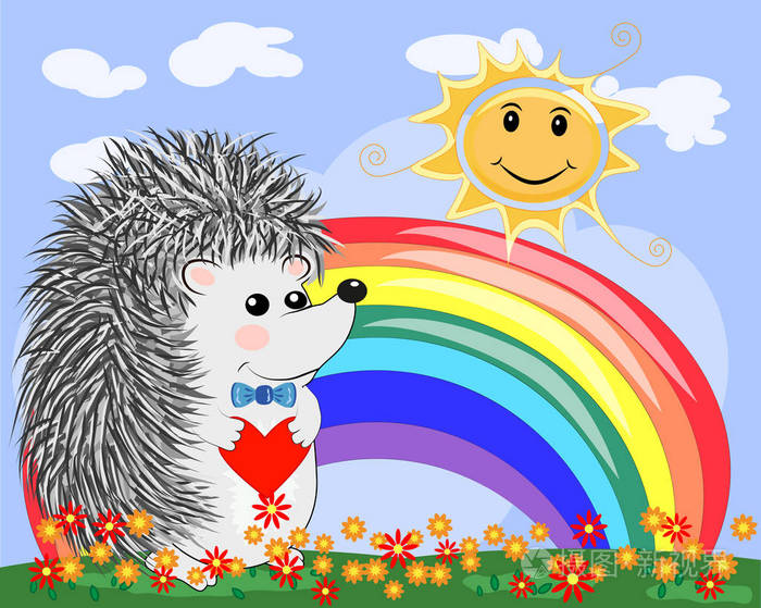 可爱的卡通刺猬靠近七色彩虹清澈见底