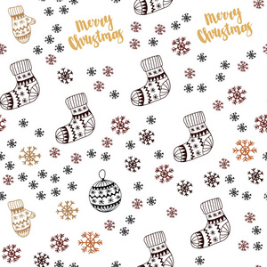 暗橙色矢量无缝背景与圣诞节雪花球袜子手套。 五颜六色的圣诞元素与梯度。 织物壁纸设计图案。