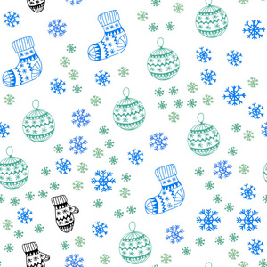浅蓝绿色矢量无缝纹理与彩色雪花球袜子手套。 圣诞风格的彩色装饰设计。 名片网站模板。