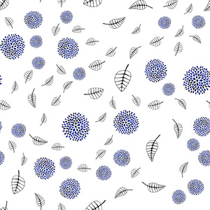 深蓝色矢量无缝涂鸦布局与叶花。 彩色抽象插图与树叶涂鸦风格。 壁纸面料制造商的时尚设计。