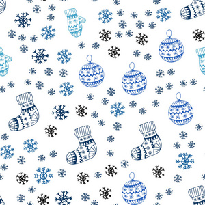 浅蓝色矢量无缝背景与圣诞节雪花球袜子手套。 五颜六色的圣诞元素与梯度。 名片网站模板。
