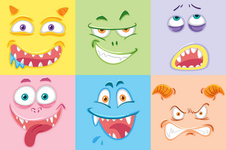 一套五颜六色的怪物脸插图
