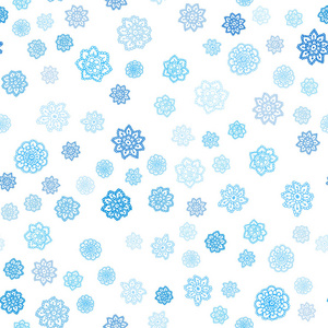 浅蓝色矢量无缝布局与明亮的雪花。 闪耀的彩色插图与雪在圣诞节风格。 纺织品壁纸设计。