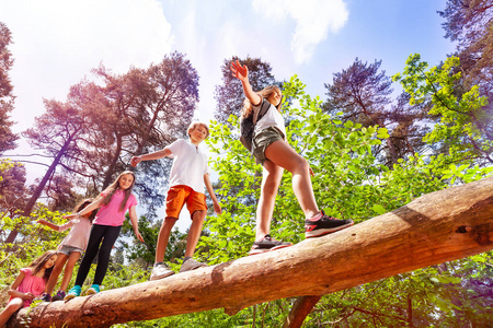 一群孩子一个接一个地走在森林里的大原木上，在自然定向暑期学校旅行游戏中。