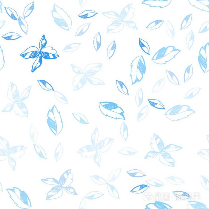 浅蓝色矢量无缝涂鸦布局与叶子。 新的彩色插图在涂鸦风格与叶子。 名片网站模板。