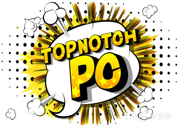 顶级PC缩写，代表个人计算机矢量插图漫画风格短语在抽象背景。