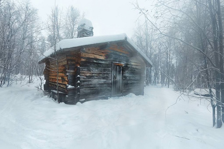 带日志小屋的冬季雪景