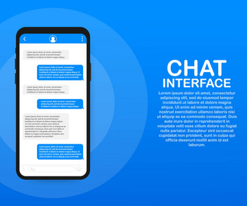 与对话窗口聊天界面应用程序。清洁移动 ui 设计理念。sms 信使。向量例证