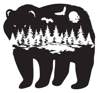 熊森林自然背景的矢量插图。 动物世界。
