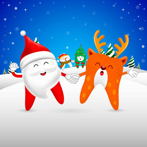 圣诞牙齿人物设计圣诞老人与驯鹿跳舞。 圣诞快乐和新年快乐的概念。 在蓝色背景上隔离的插图。