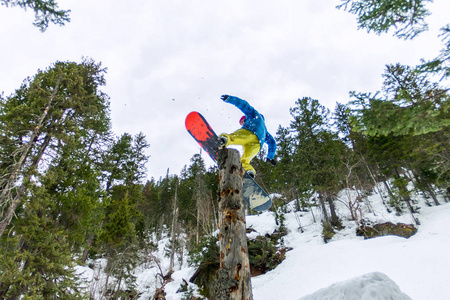 自由式滑雪者使平原站在冬季山区森林的圆木上