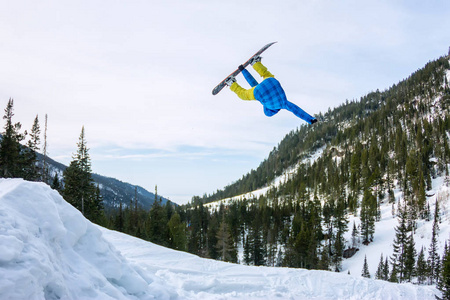 滑雪板 freerider 跳从太阳雪匝道上的山川 森林背景
