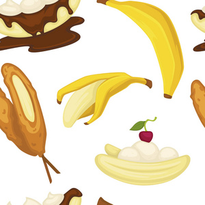 甜点类型香蕉和面包店无缝图案矢量