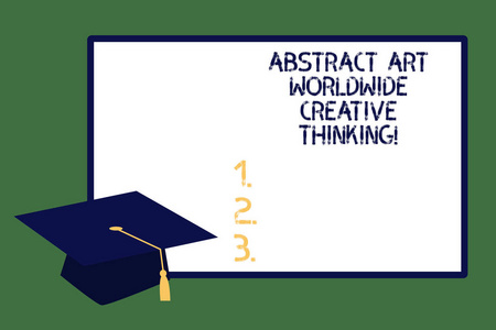 显示抽象艺术世界创造性思维的文本符号。概念照片现代灵感艺术毕业帽与塔塞尔学术学者头饰和空白白板