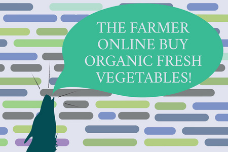 文本符号显示农民在线购买有机新鲜蔬菜。概念照片购买健康食品轮廓形状的狼头指向向上呼啸激烈的语音泡泡