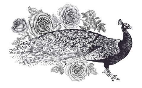 用鸟和花装饰。现实的手绘孔雀和玫瑰孤立在白色背景上。矢量插图艺术。黑白素描。复古东方雕刻。