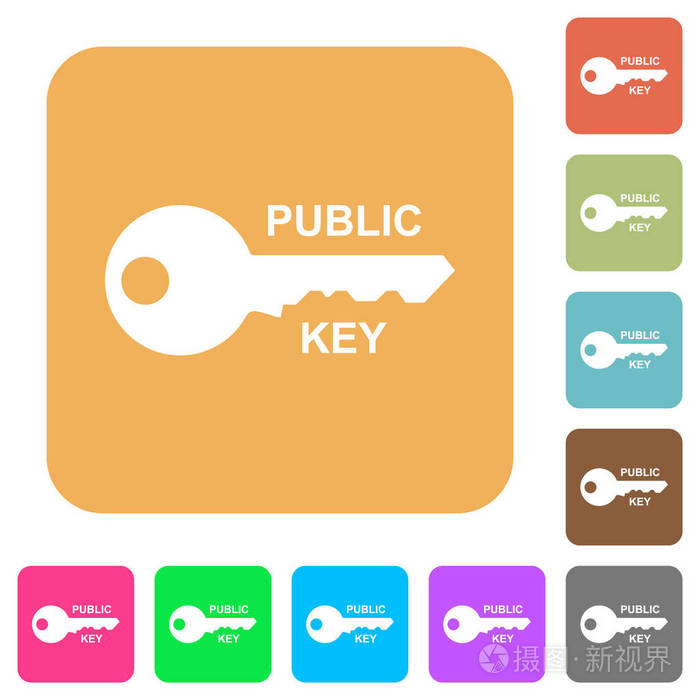 公钥平面图标在圆形方形生动的颜色背景上。