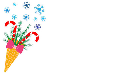 矢量插图与冰淇淋锥，糖果棒，雪花，树枝的圣诞树，弓。设计用于派对卡横幅海报或打印。