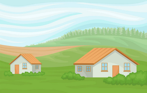 绿草领域风景夏天农村风景与农舍, 领域与绿草, 农业和农业媒介例证在