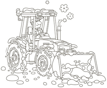微笑的工人驾驶着他的轮式拖拉机平地机，带着水桶，在雪后清扫积雪，黑白矢量插图卡通风格