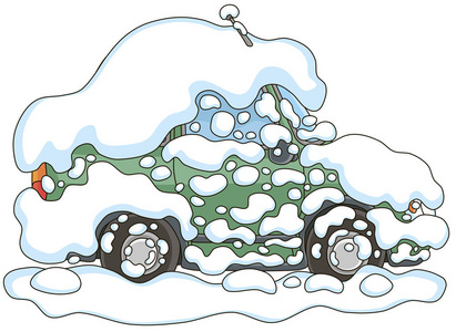 冬天下雪的汽车下了一整夜的雪，在卡通风格中冻结了非常坚硬的矢量插图