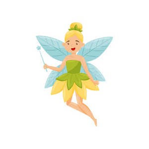 可爱的美丽的小有翅膀的仙女在绿色礼服, 神话童话生物向量例证在白色