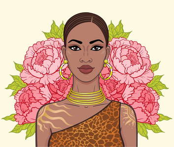 美丽的黑人妇女花圈的动画肖像。 彩色绘图。 矢量插图隔离在米色背景上。 打印海报T恤卡。