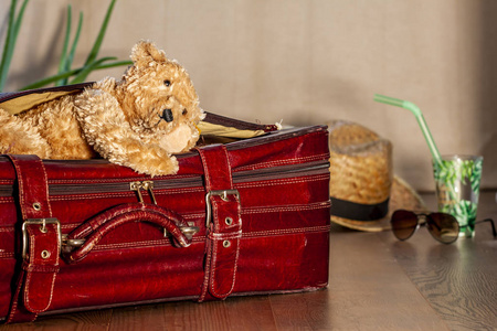 泰迪熊和红色复古手提箱的旅行概念