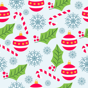 圣诞无缝图案与雪花糖果罐球和槲寄生圣诞背景包装纸打印。 向量