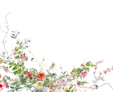 白色背景的叶子和花的水彩画