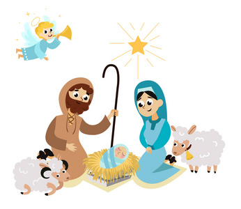 圣诞节耶稣诞生宗教伯利恒婴儿床现场在神圣的家庭。 婴儿耶稣玛丽和约瑟夫在马槽与飞行天使和羊字符矢量插图。