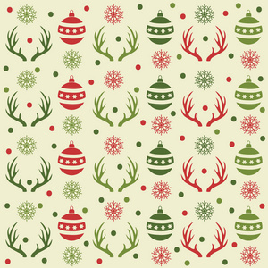 圣诞无缝图案与球，驯鹿角和雪。 圣诞背景。 圣诞包装。 平面设计