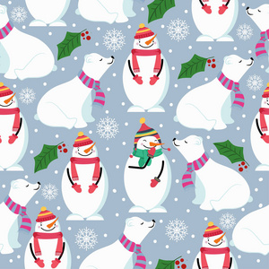 圣诞无缝图案与北极熊，雪人和槲寄生。 适用于圣诞海报包装和印刷。 向量