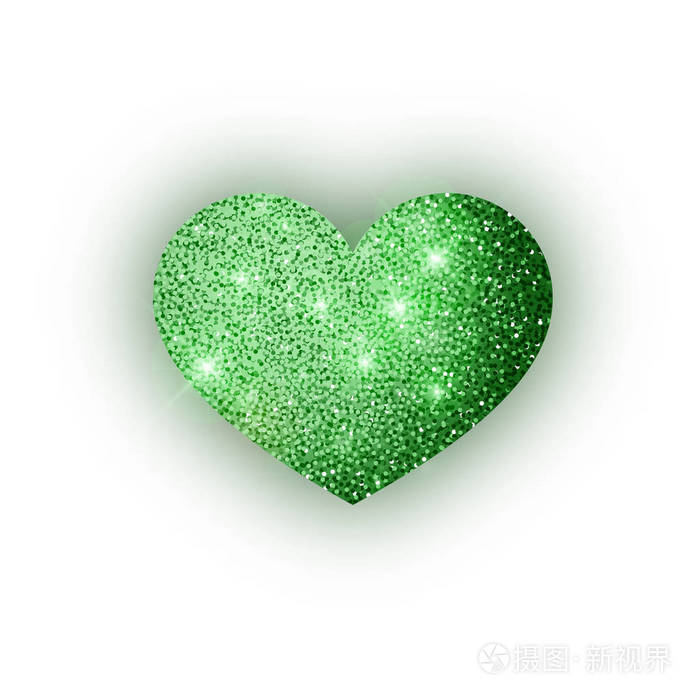 心绿色闪闪发光隔离在白色背景绿色闪耀着心灵情人节符号爱的概念设计