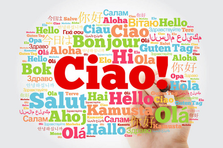 标记语言ciao(用意大利语打招呼)世界不同语言的单词云,有标记背景