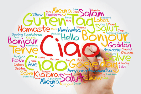 标记语言ciao(用意大利语打招呼)世界不同语言的单词云,有标记背景