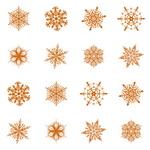 雪花矢量图标背景设置金色。 冬季白色圣诞雪花水晶元素。 天气插图冰收集。 圣诞节霜平孤立的剪影符号