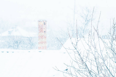 屋顶上白雪皑皑的红砖烟囱