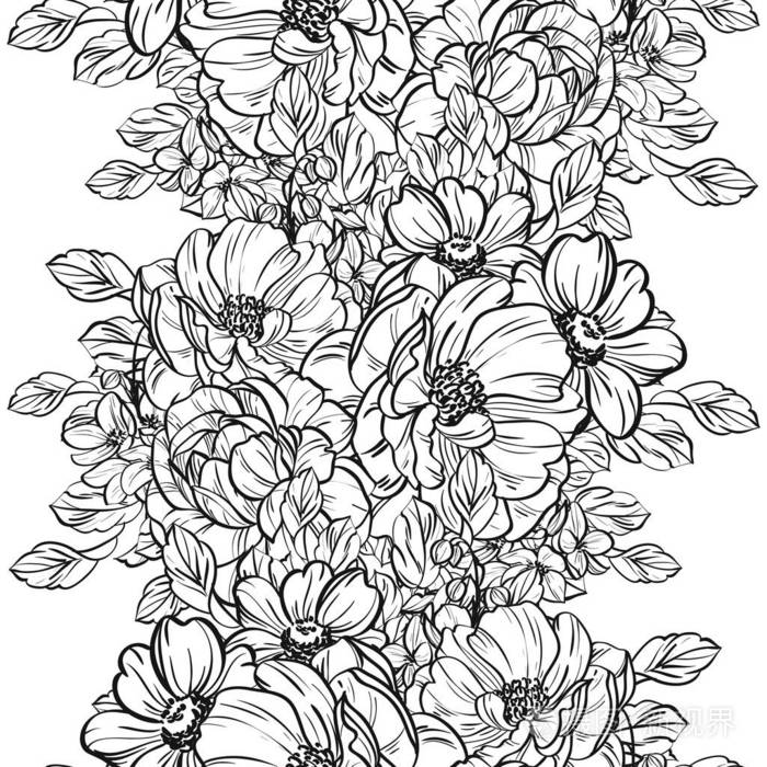 无缝复古风格的花型黑白花元素
