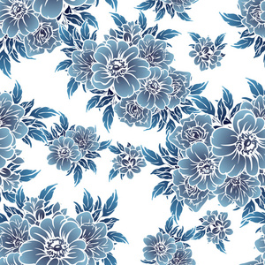 无缝复古风格单色深蓝色花卉图案。 花卉元素。