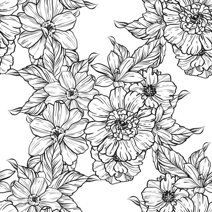 无缝复古风格的花型黑白花元素