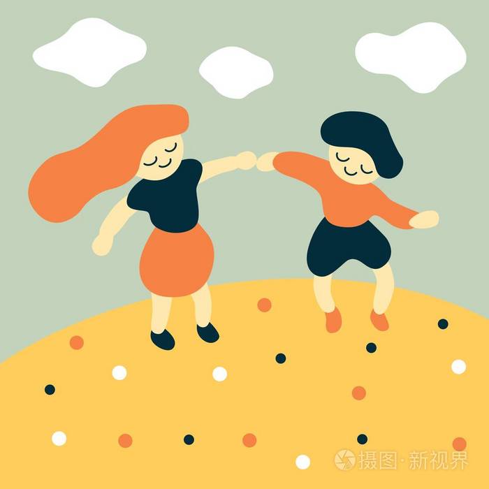 一个小男孩和一个小女孩手拉手在山上户外玩耍的矢量图